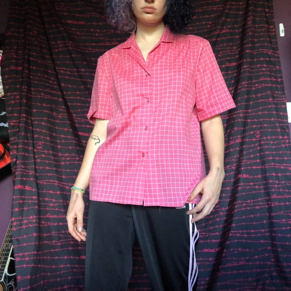 Vintage Hot Pink Button Up Shirt With Lined Pattern - Picture 2 of 6